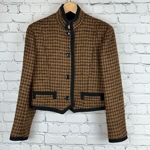 CARVEN Paris Cropped Wool Tweed Houndstooth Jacket Black Trim Size S